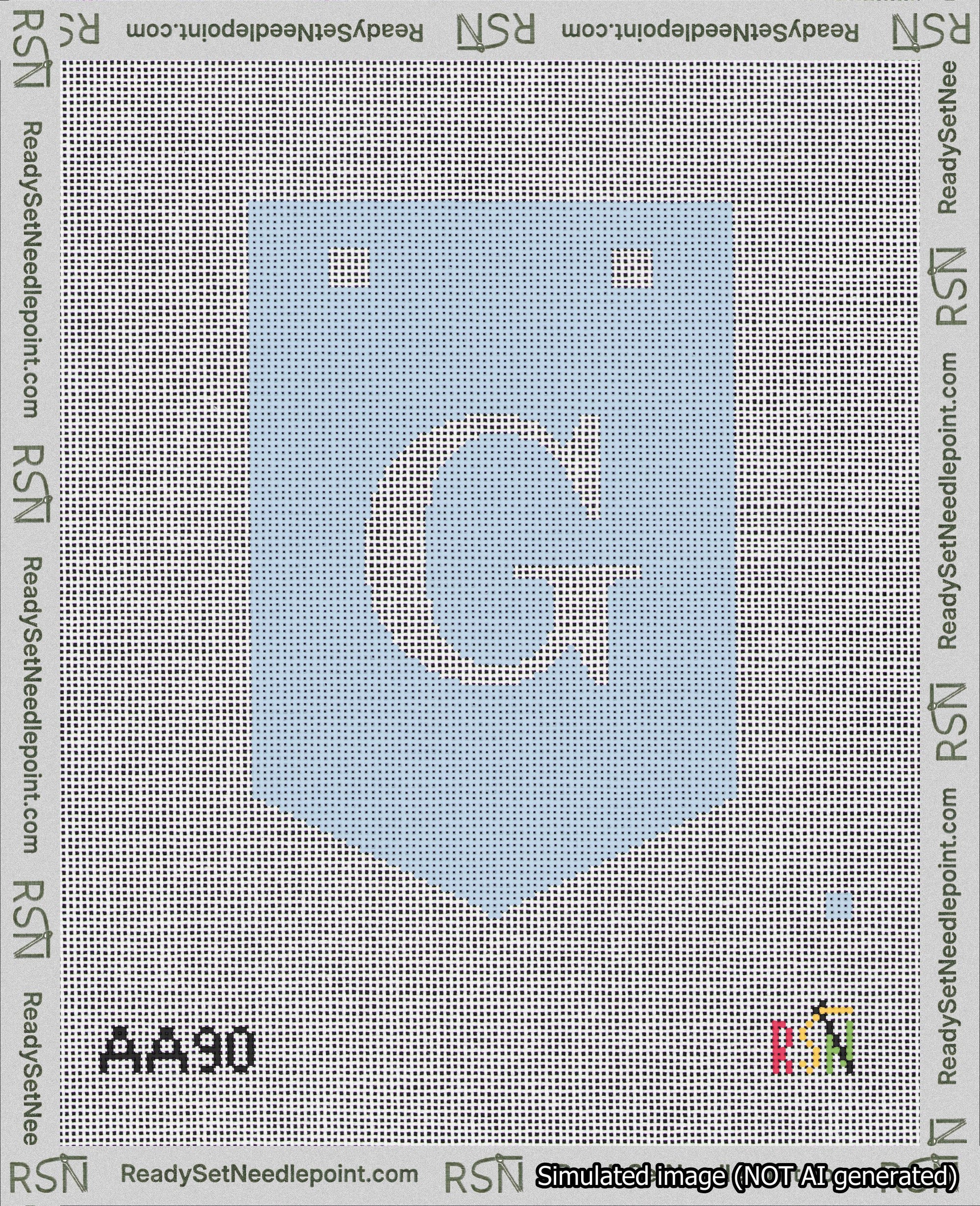 A taped needlepoint canvas with the design: Banner 18 mesh count Pointed G White on Light Blue.