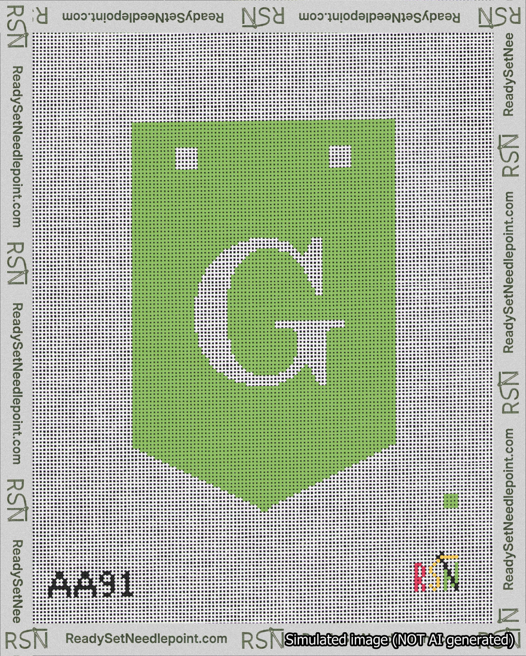 A taped needlepoint canvas with the design: Banner 18 mesh count Pointed G White on Light Green.
