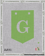 A taped needlepoint canvas with the design: Banner 18 mesh count Pointed G White on Light Green.