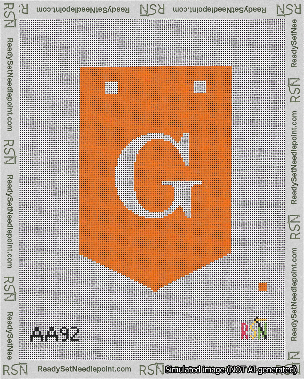 A taped needlepoint canvas with the design: Banner 18 mesh count Pointed G White on Orange.