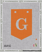 A taped needlepoint canvas with the design: Banner 18 mesh count Pointed G White on Orange.