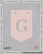 A taped needlepoint canvas with the design: Banner 18 mesh count Pointed G White on Pink.