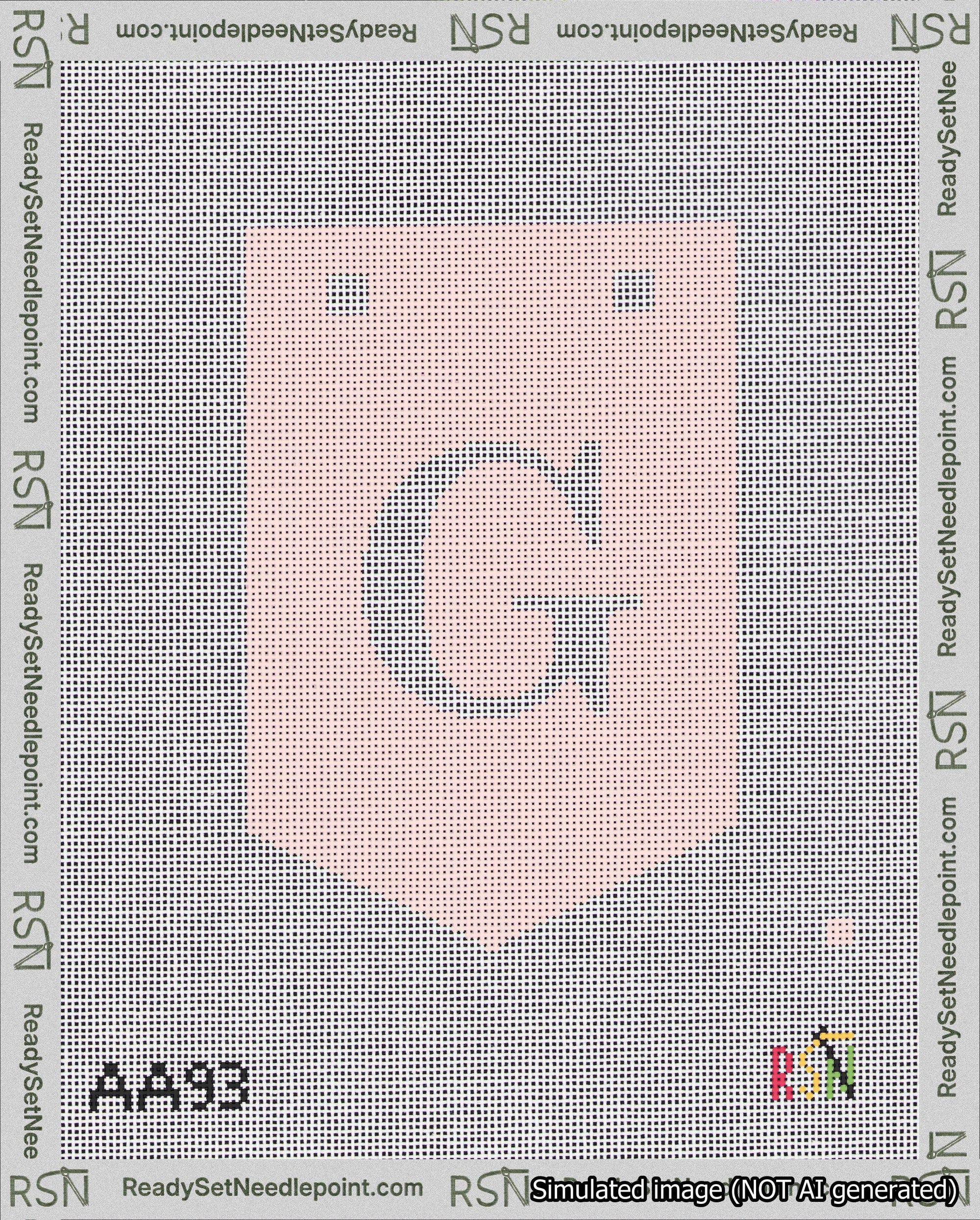 A taped needlepoint canvas with the design: Banner 18 mesh count Pointed G White on Pink.