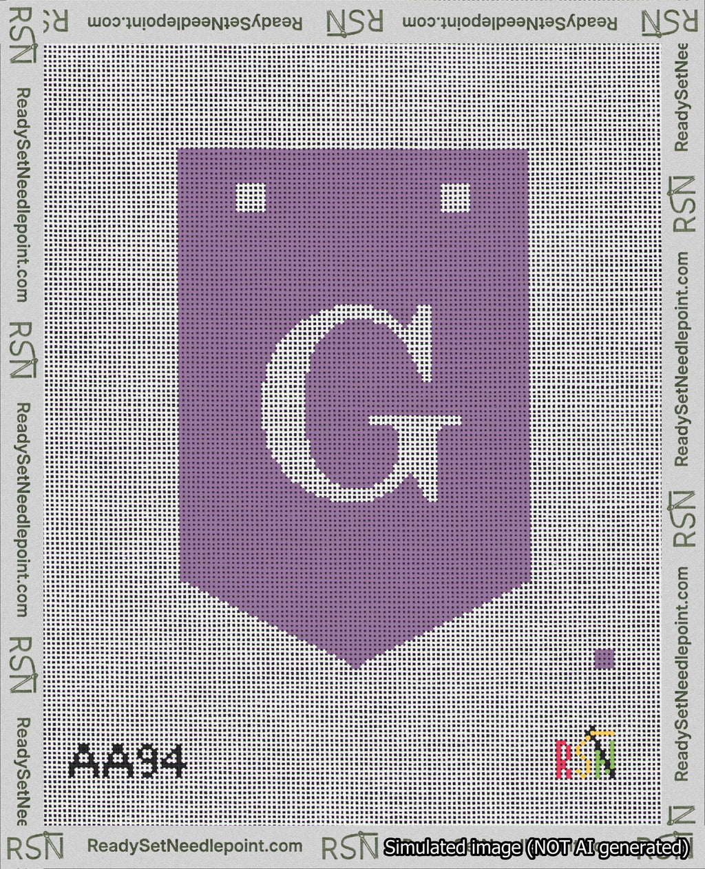 A taped needlepoint canvas with the design: Banner 18 mesh count Pointed G White on Purple.
