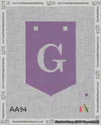 A taped needlepoint canvas with the design: Banner 18 mesh count Pointed G White on Purple.