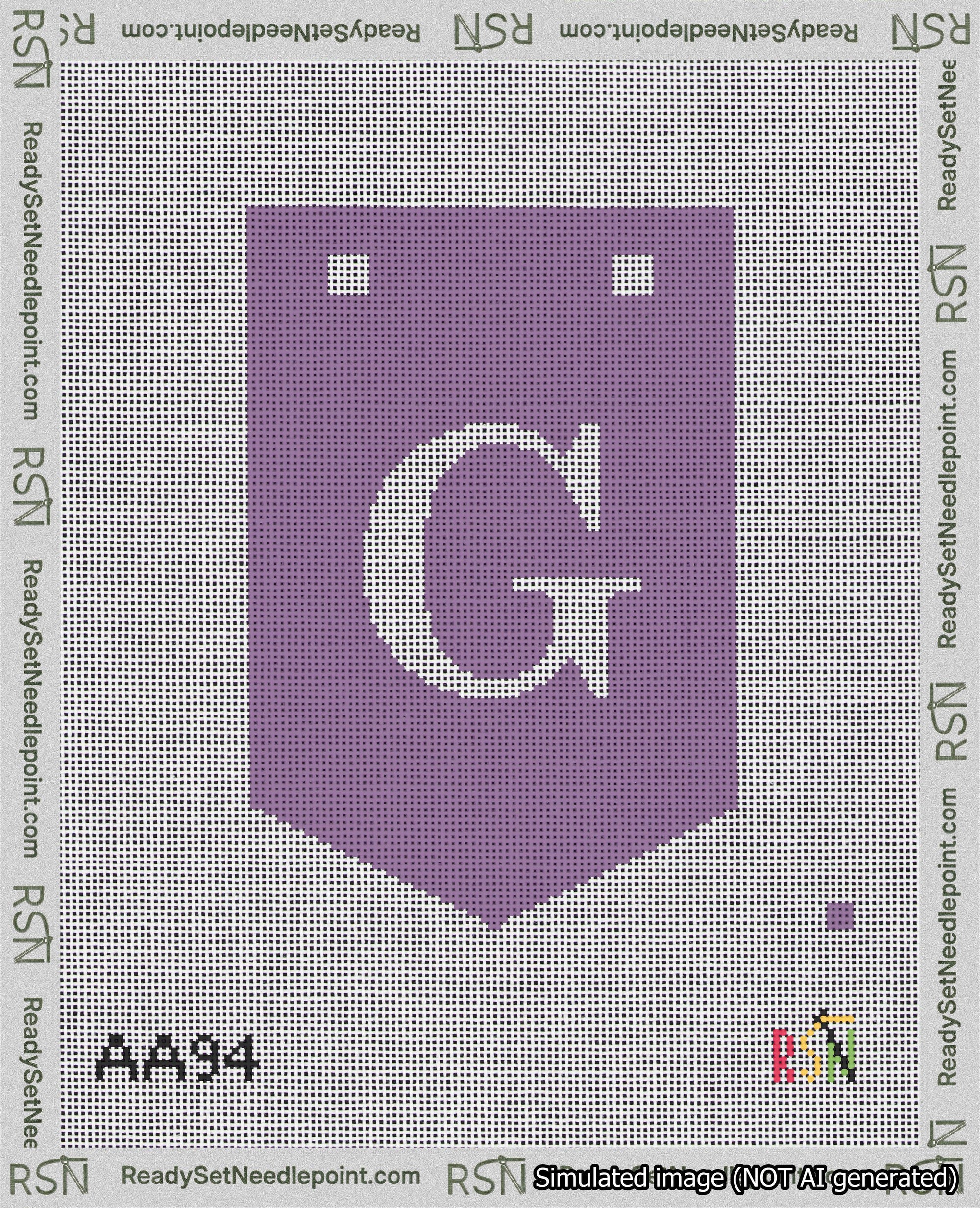 A taped needlepoint canvas with the design: Banner 18 mesh count Pointed G White on Purple.