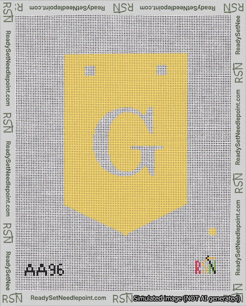 A taped needlepoint canvas with the design: Banner 18 mesh count Pointed G White on Yellow.
