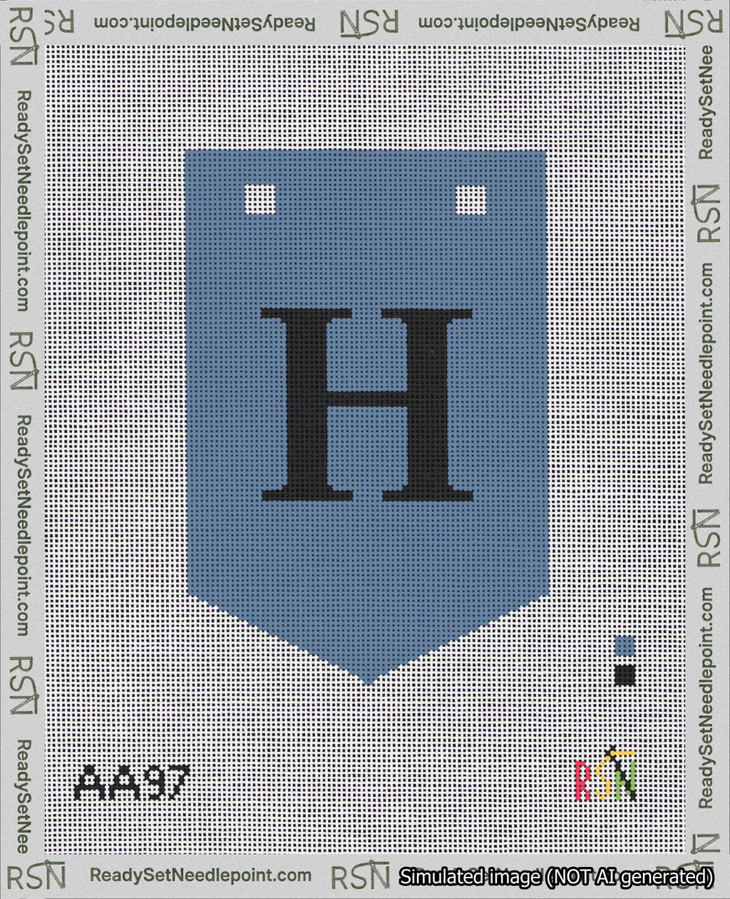 A taped needlepoint canvas with the design: Banner 18 mesh count Pointed H Black on Blue.