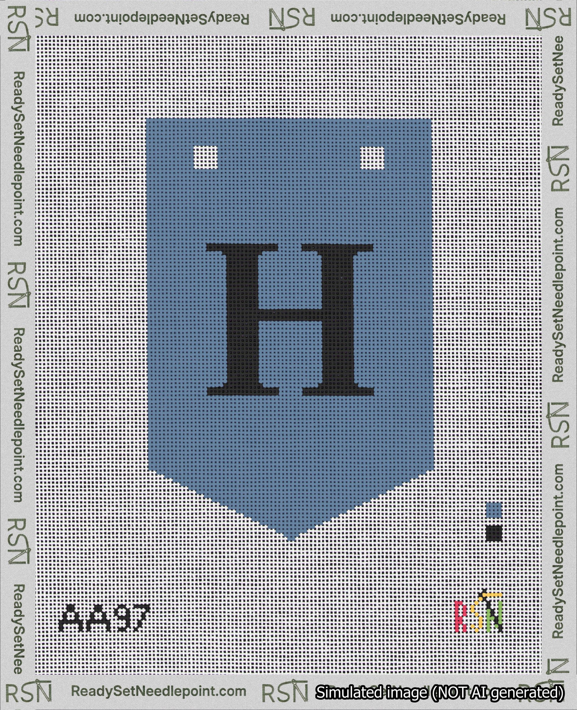 A taped needlepoint canvas with the design: Banner 18 mesh count Pointed H Black on Blue.