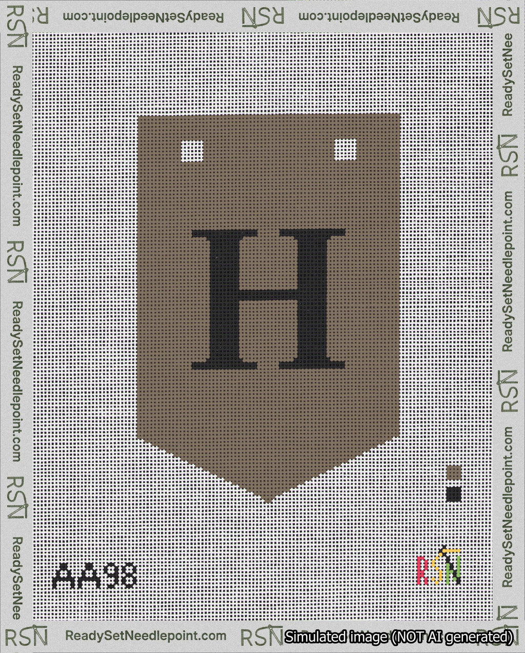 A taped needlepoint canvas with the design: Banner 18 mesh count Pointed H Black on Brown.