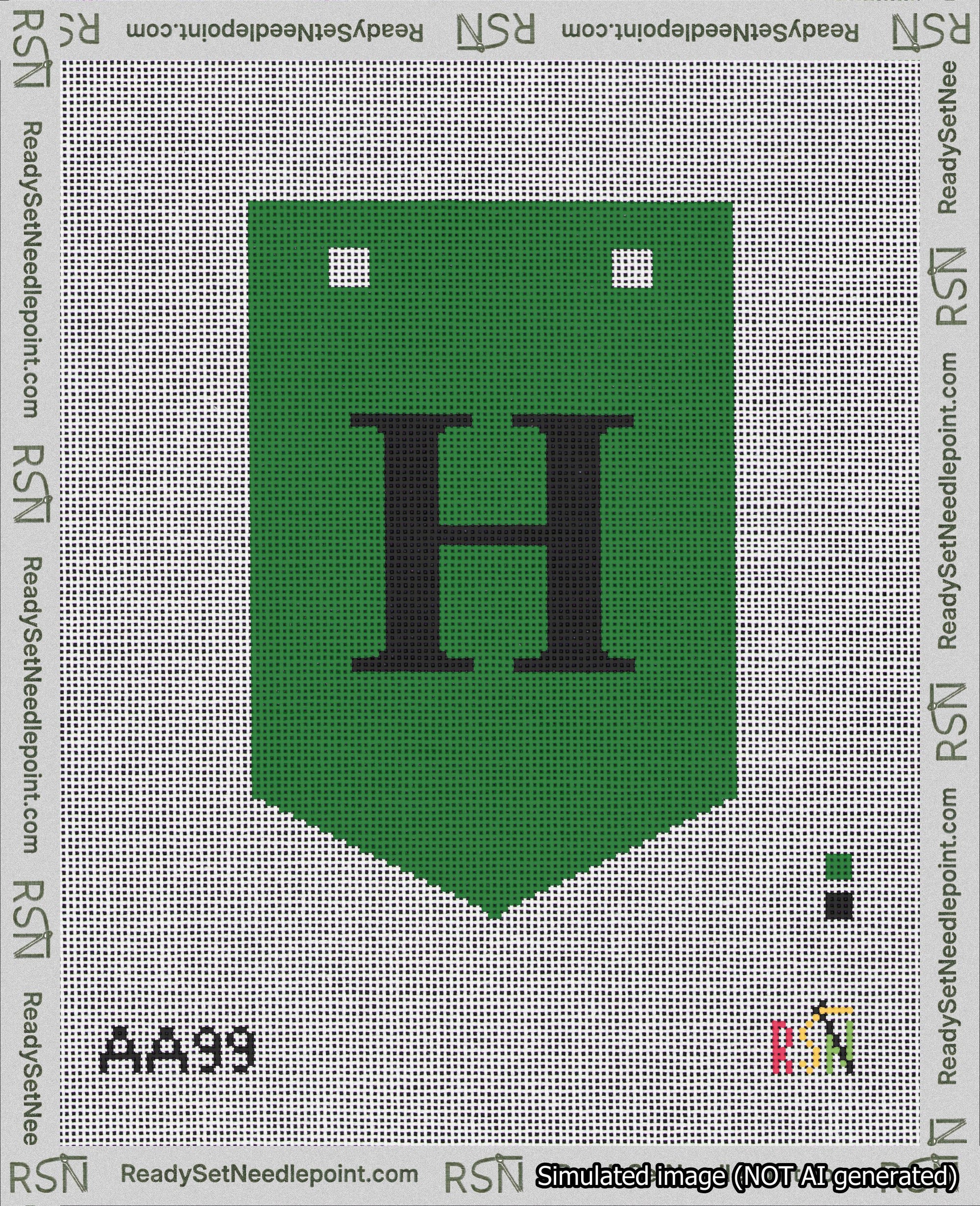 A taped needlepoint canvas with the design: Banner 18 mesh count Pointed H Black on Green.