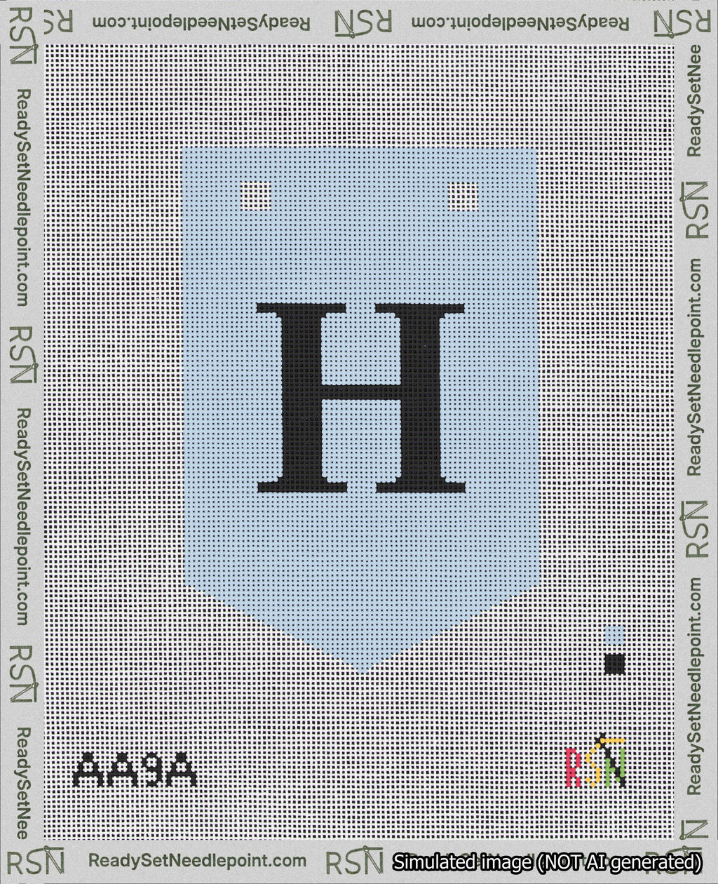 A taped needlepoint canvas with the design: Banner 18 mesh count Pointed H Black on Light Blue.