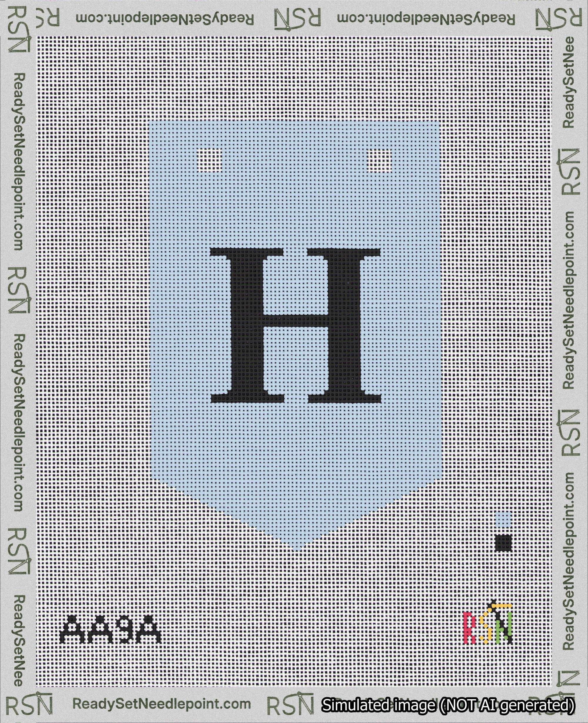 A taped needlepoint canvas with the design: Banner 18 mesh count Pointed H Black on Light Blue.