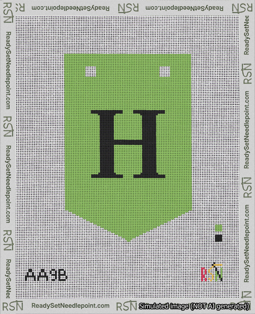 A taped needlepoint canvas with the design: Banner 18 mesh count Pointed H Black on Light Green.