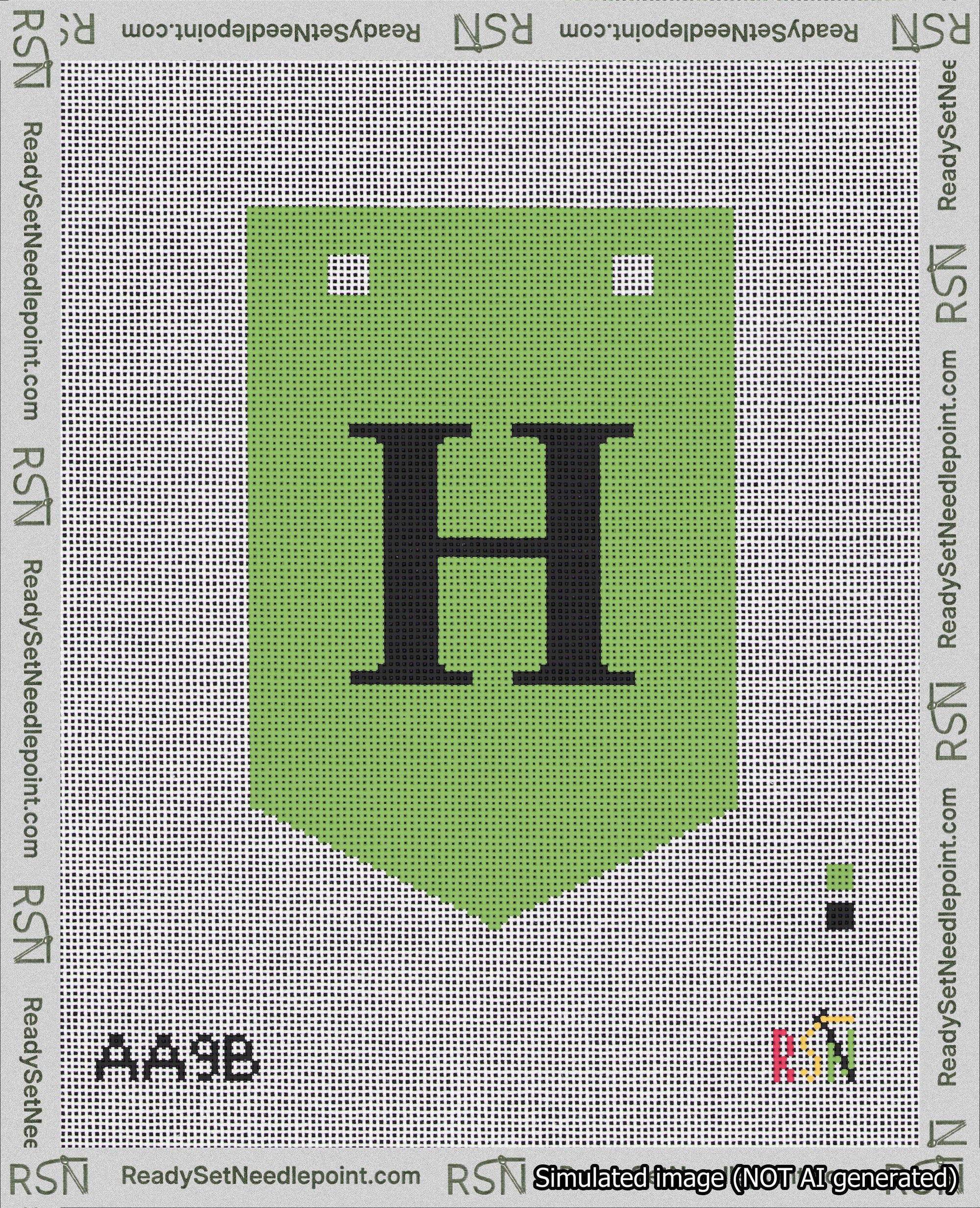 A taped needlepoint canvas with the design: Banner 18 mesh count Pointed H Black on Light Green.