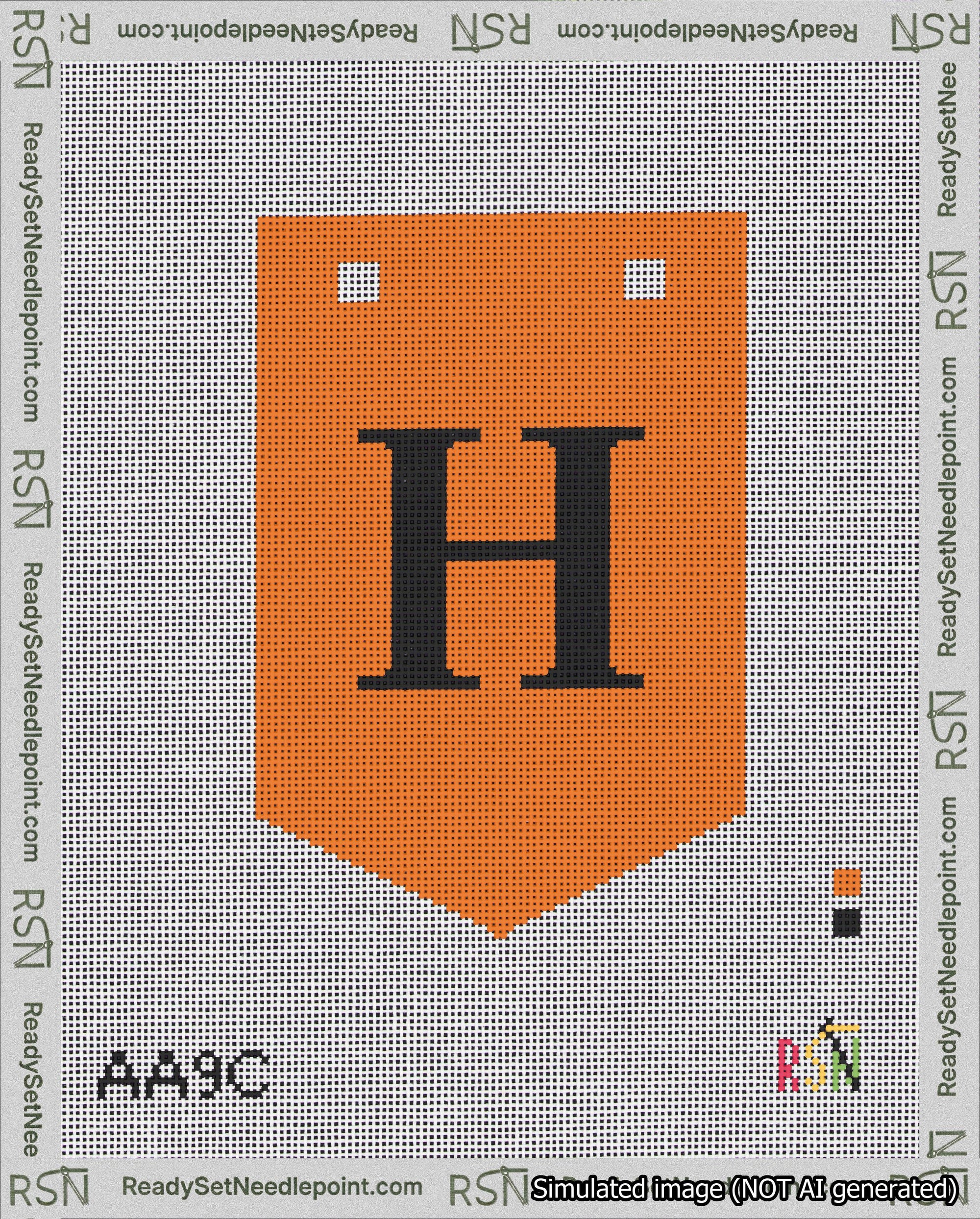 A taped needlepoint canvas with the design: Banner 18 mesh count Pointed H Black on Orange.
