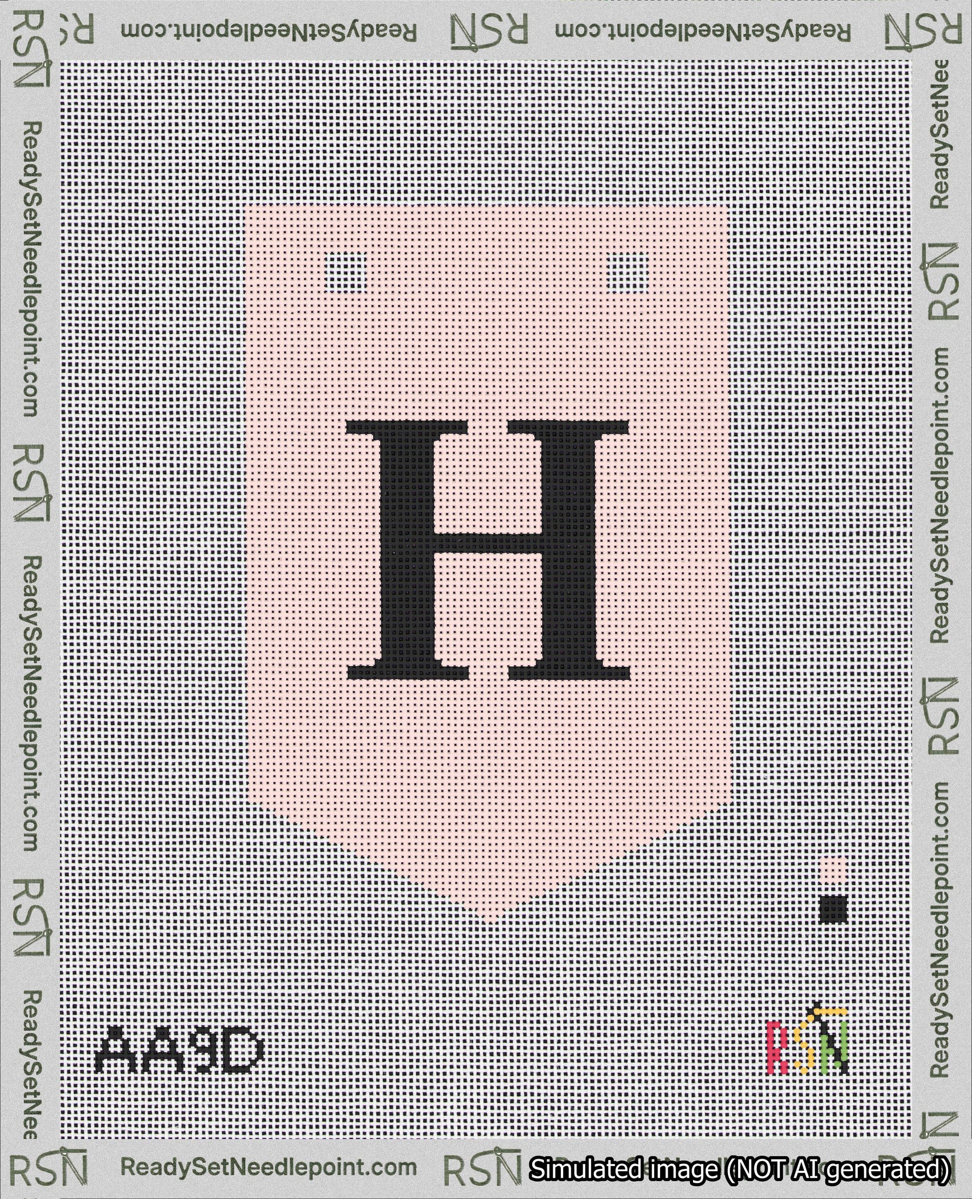 A taped needlepoint canvas with the design: Banner 18 mesh count Pointed H Black on Pink.