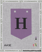 A taped needlepoint canvas with the design: Banner 18 mesh count Pointed H Black on Purple.