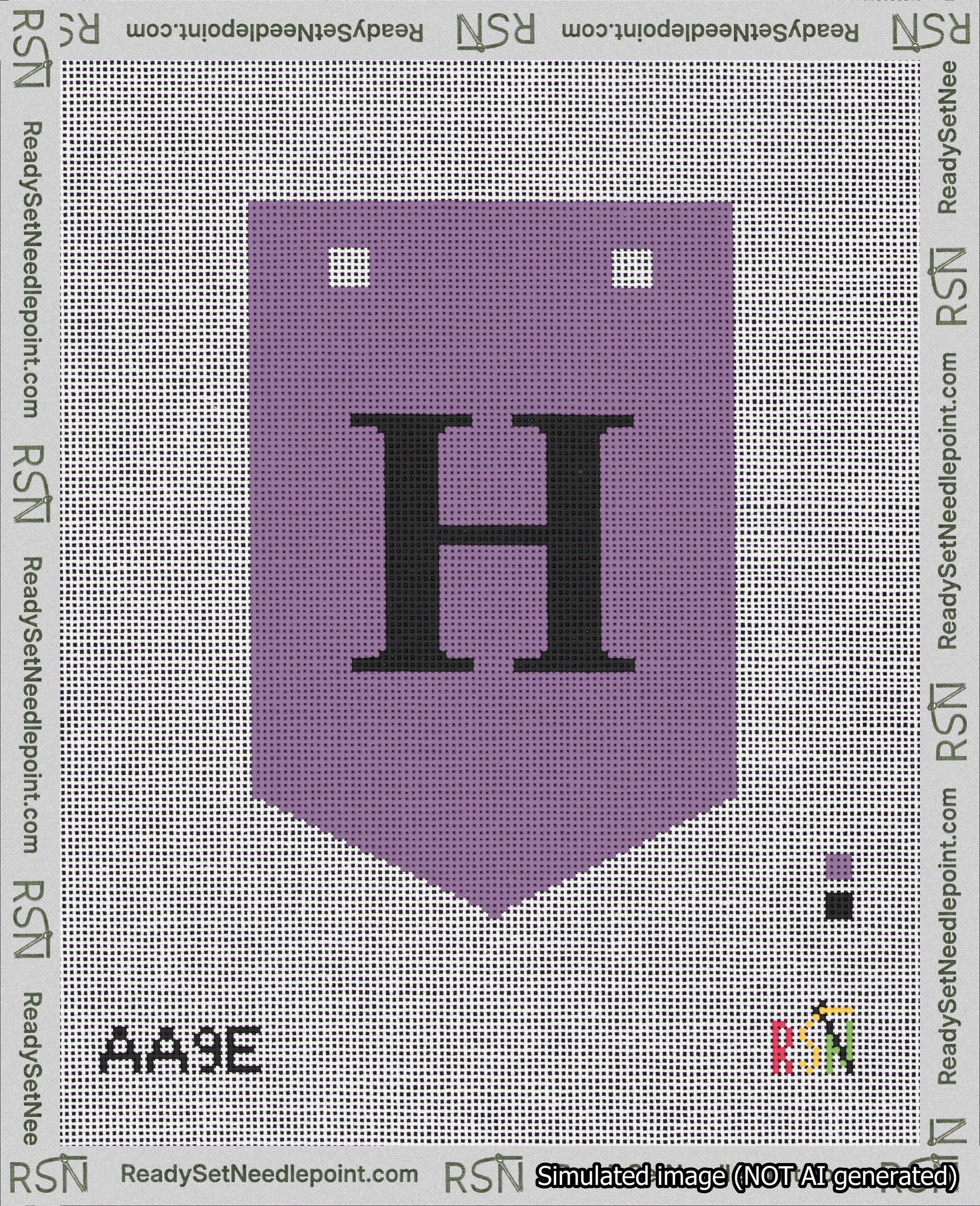 A taped needlepoint canvas with the design: Banner 18 mesh count Pointed H Black on Purple.