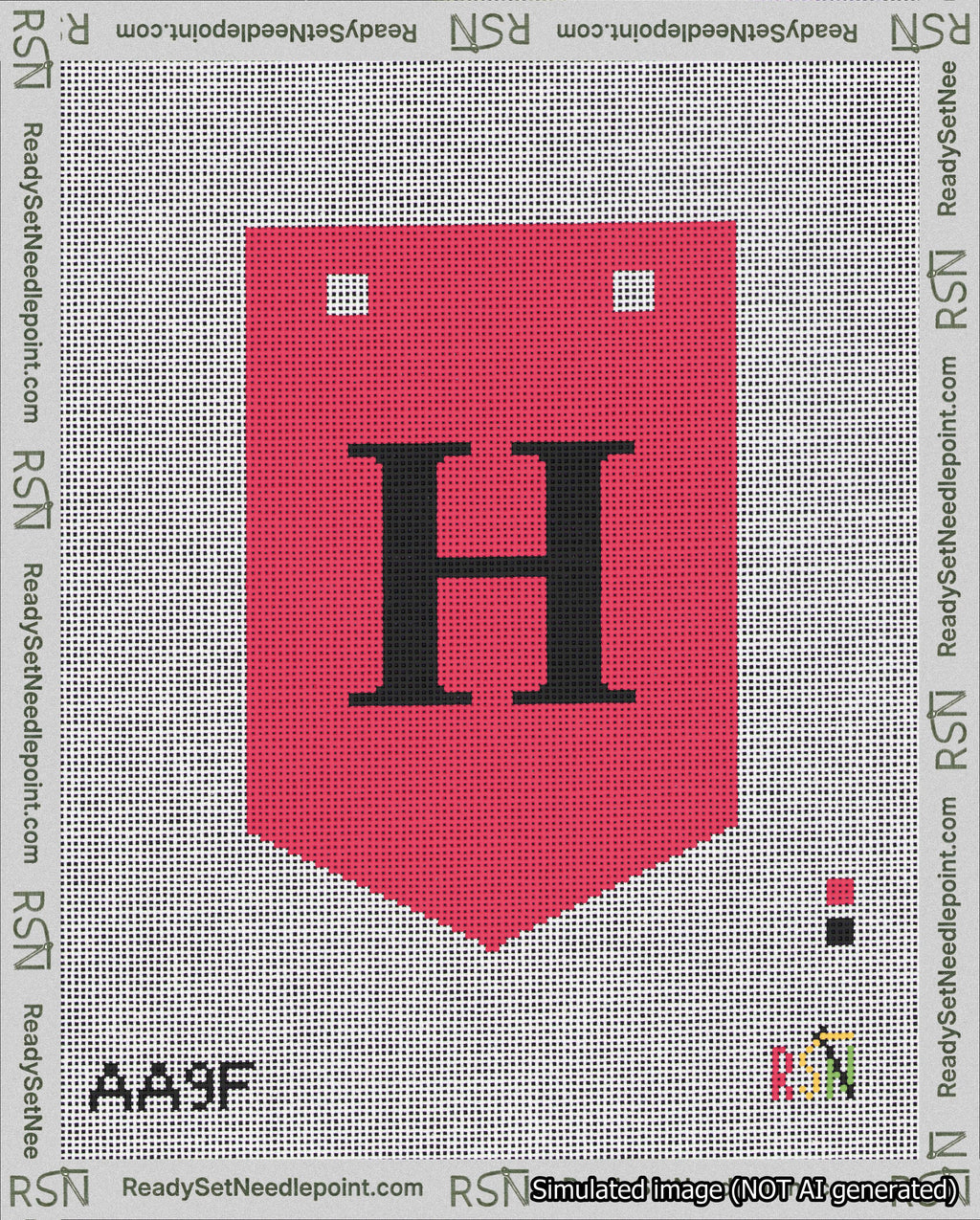 A taped needlepoint canvas with the design: Banner 18 mesh count Pointed H Black on Red.