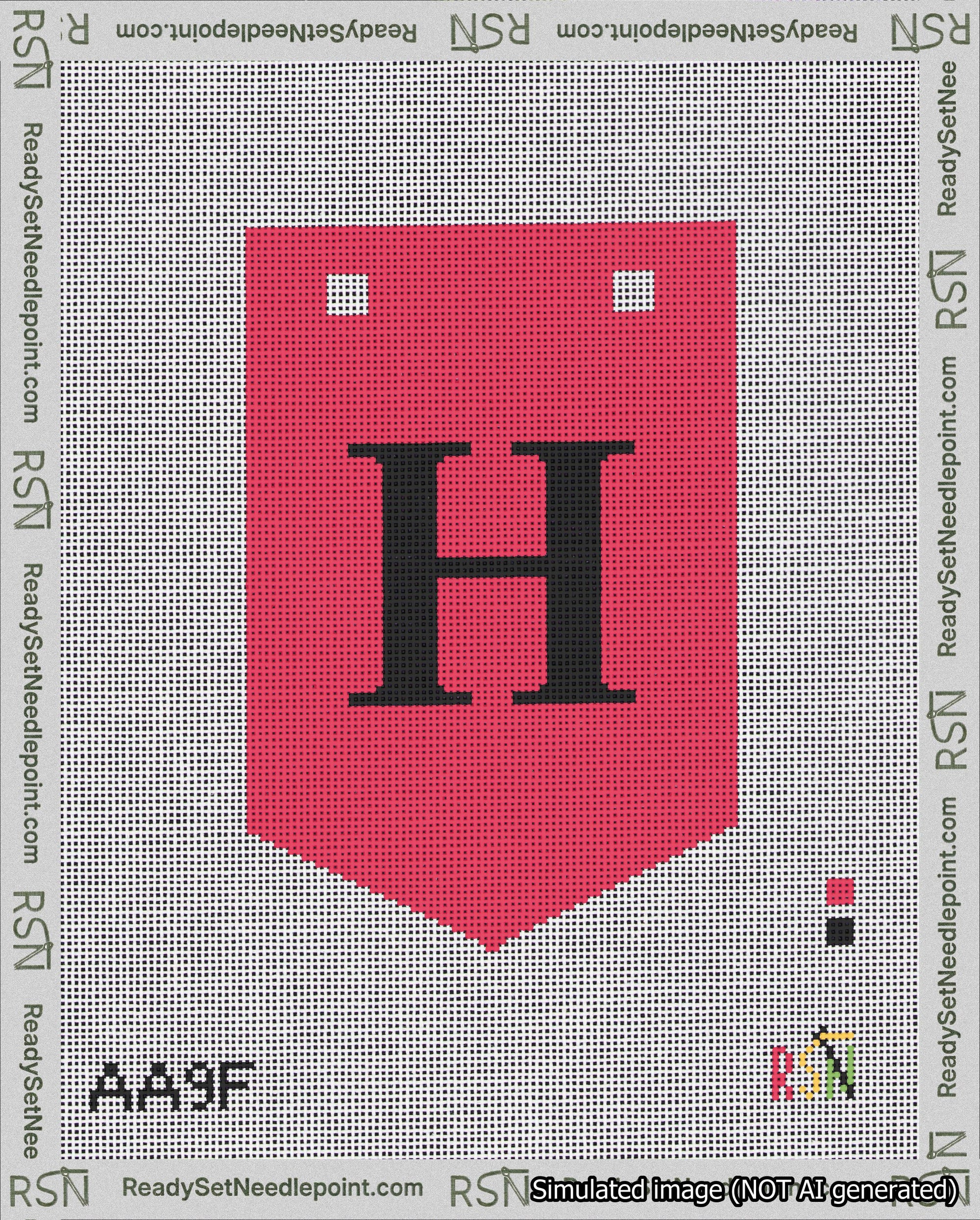 A taped needlepoint canvas with the design: Banner 18 mesh count Pointed H Black on Red.