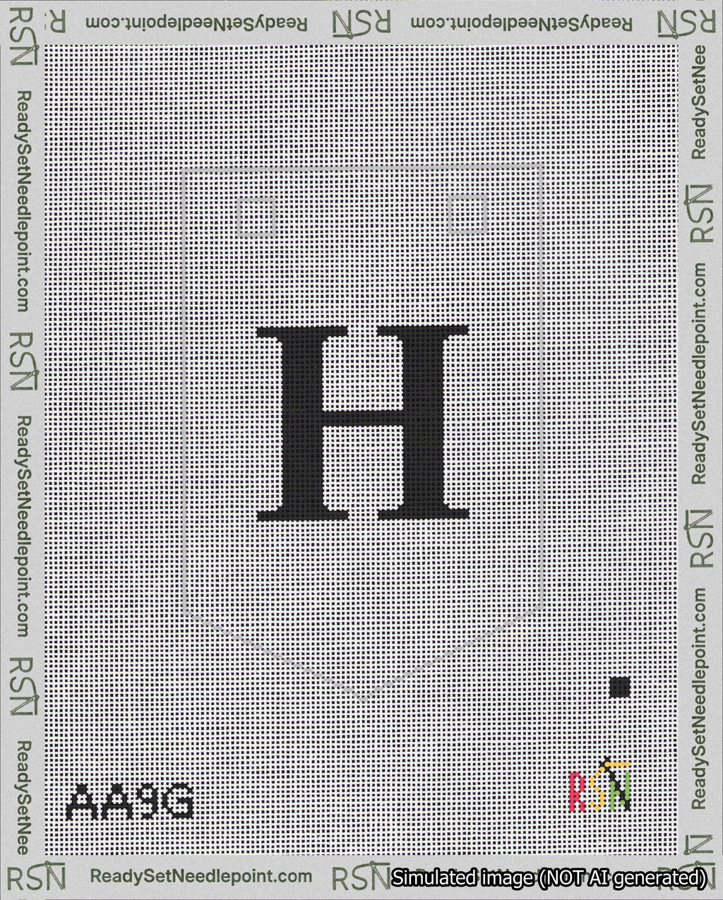 A taped needlepoint canvas with the design: Banner 18 mesh count Pointed H Black on White.