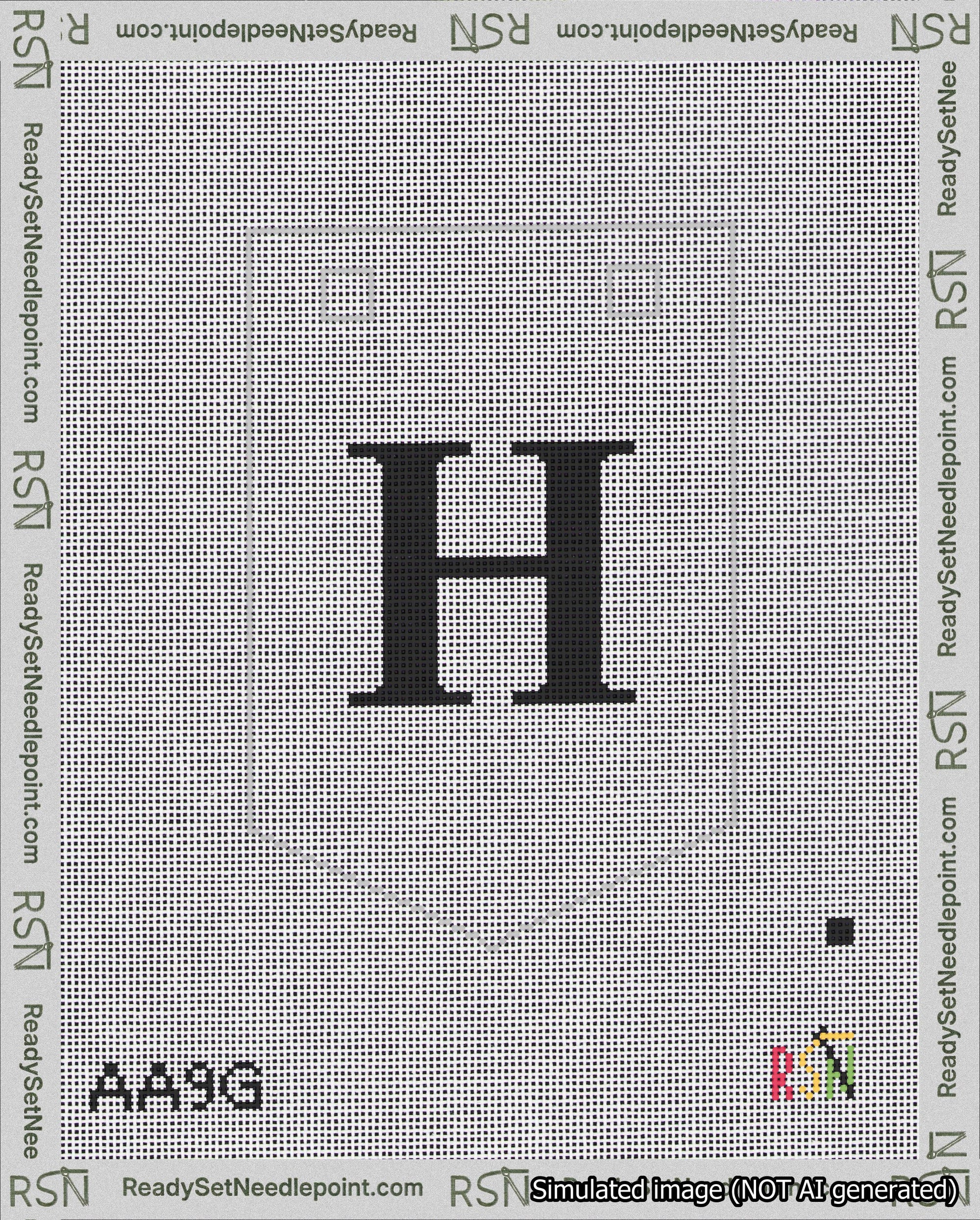 A taped needlepoint canvas with the design: Banner 18 mesh count Pointed H Black on White.