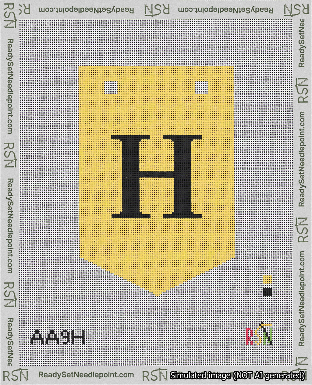 A taped needlepoint canvas with the design: Banner 18 mesh count Pointed H Black on Yellow.