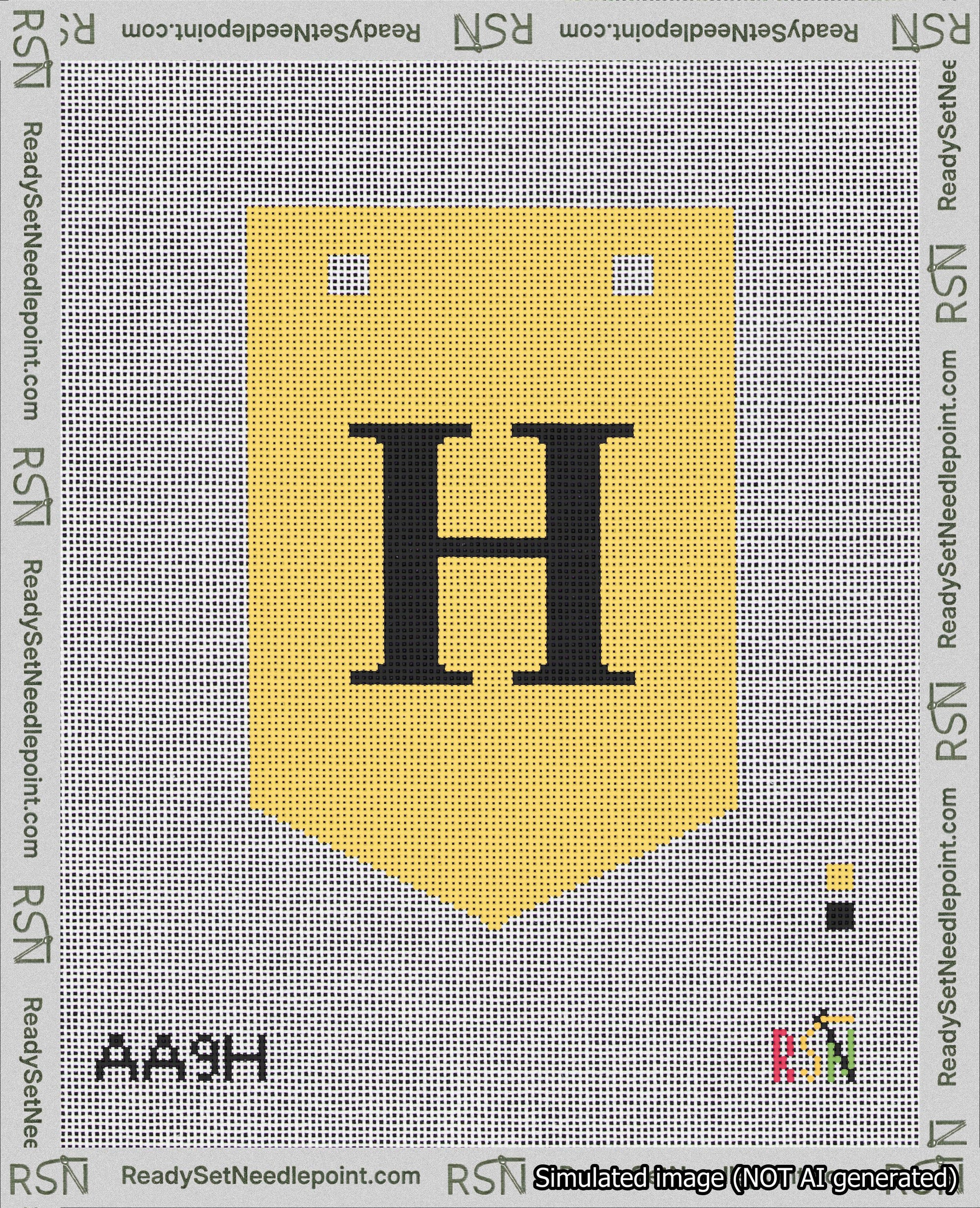 A taped needlepoint canvas with the design: Banner 18 mesh count Pointed H Black on Yellow.