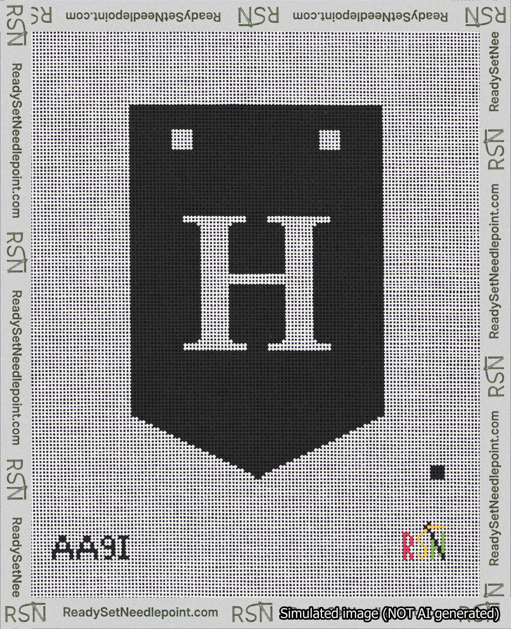 A taped needlepoint canvas with the design: Banner 18 mesh count Pointed H White on Black.
