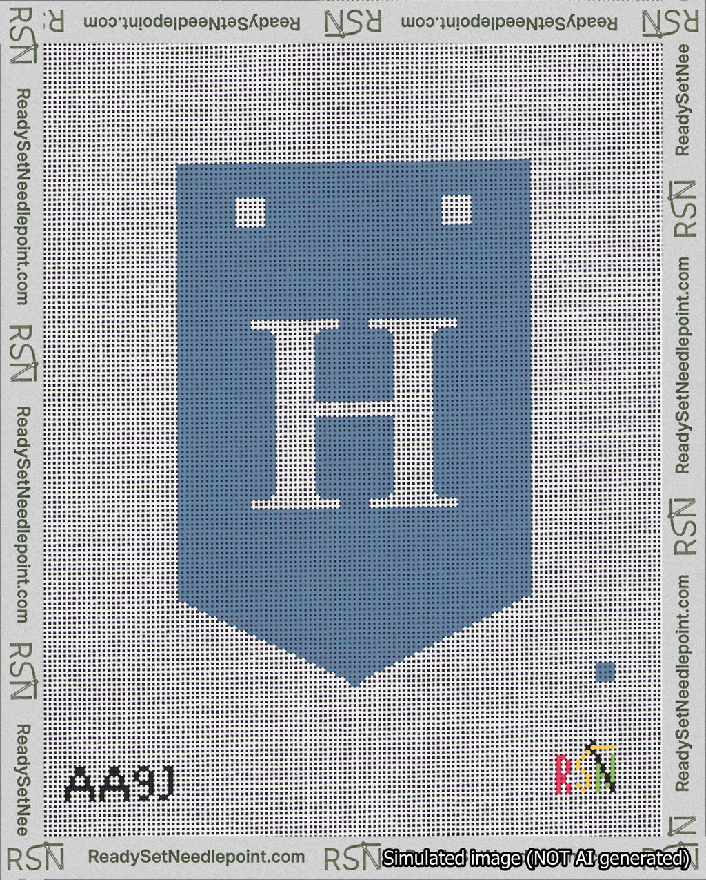 A taped needlepoint canvas with the design: Banner 18 mesh count Pointed H White on Blue.
