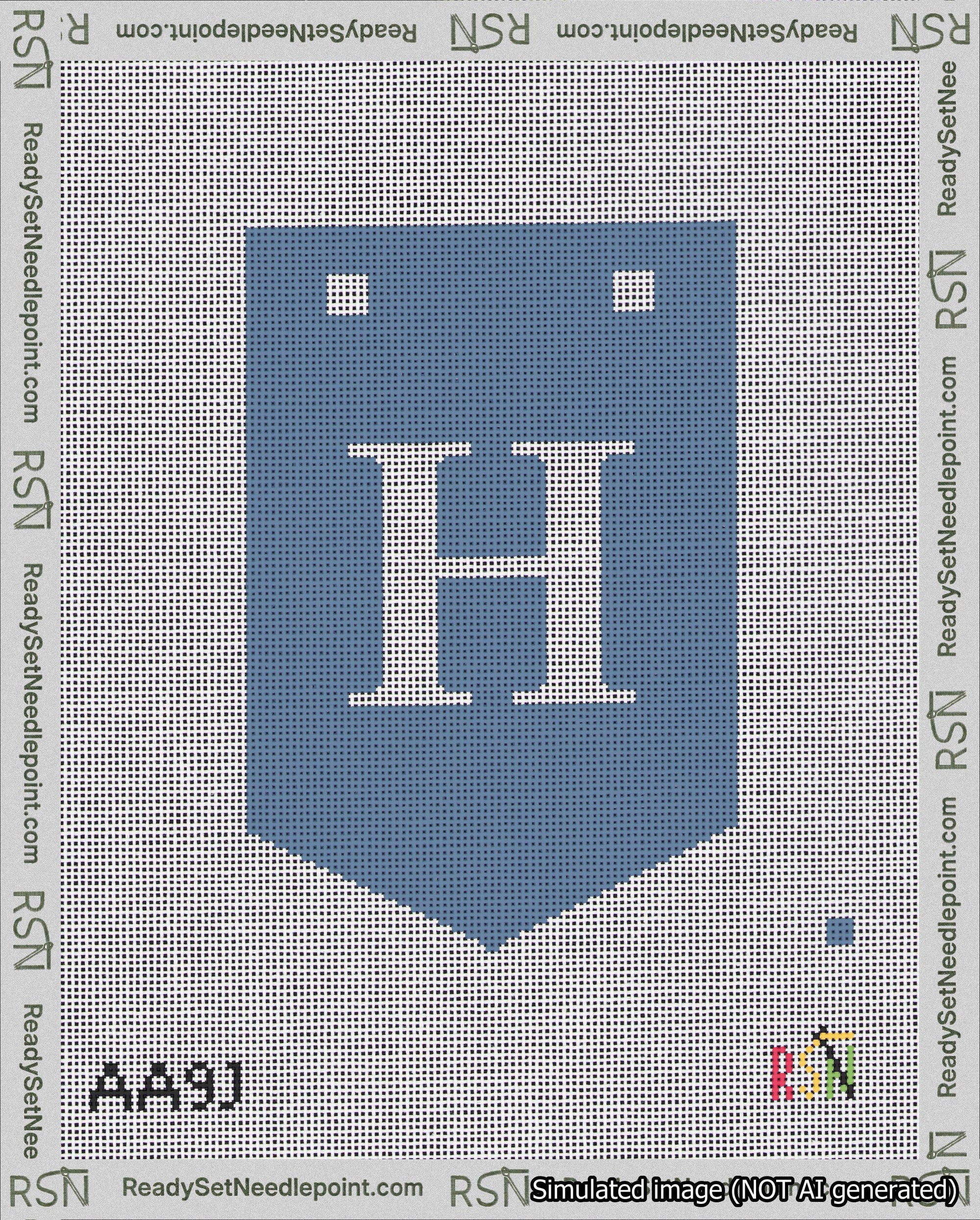 A taped needlepoint canvas with the design: Banner 18 mesh count Pointed H White on Blue.