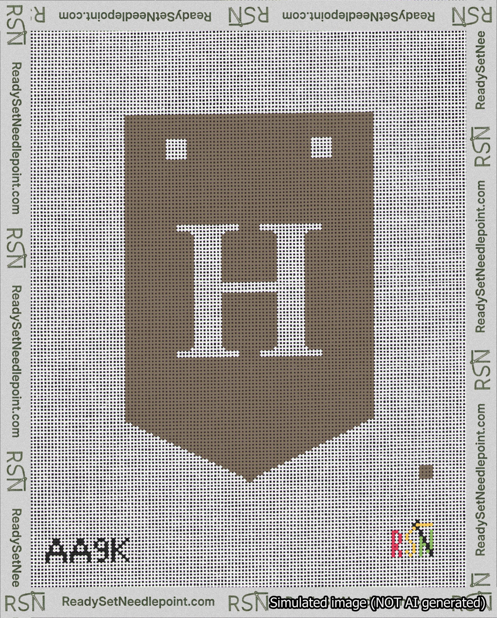 A taped needlepoint canvas with the design: Banner 18 mesh count Pointed H White on Brown.