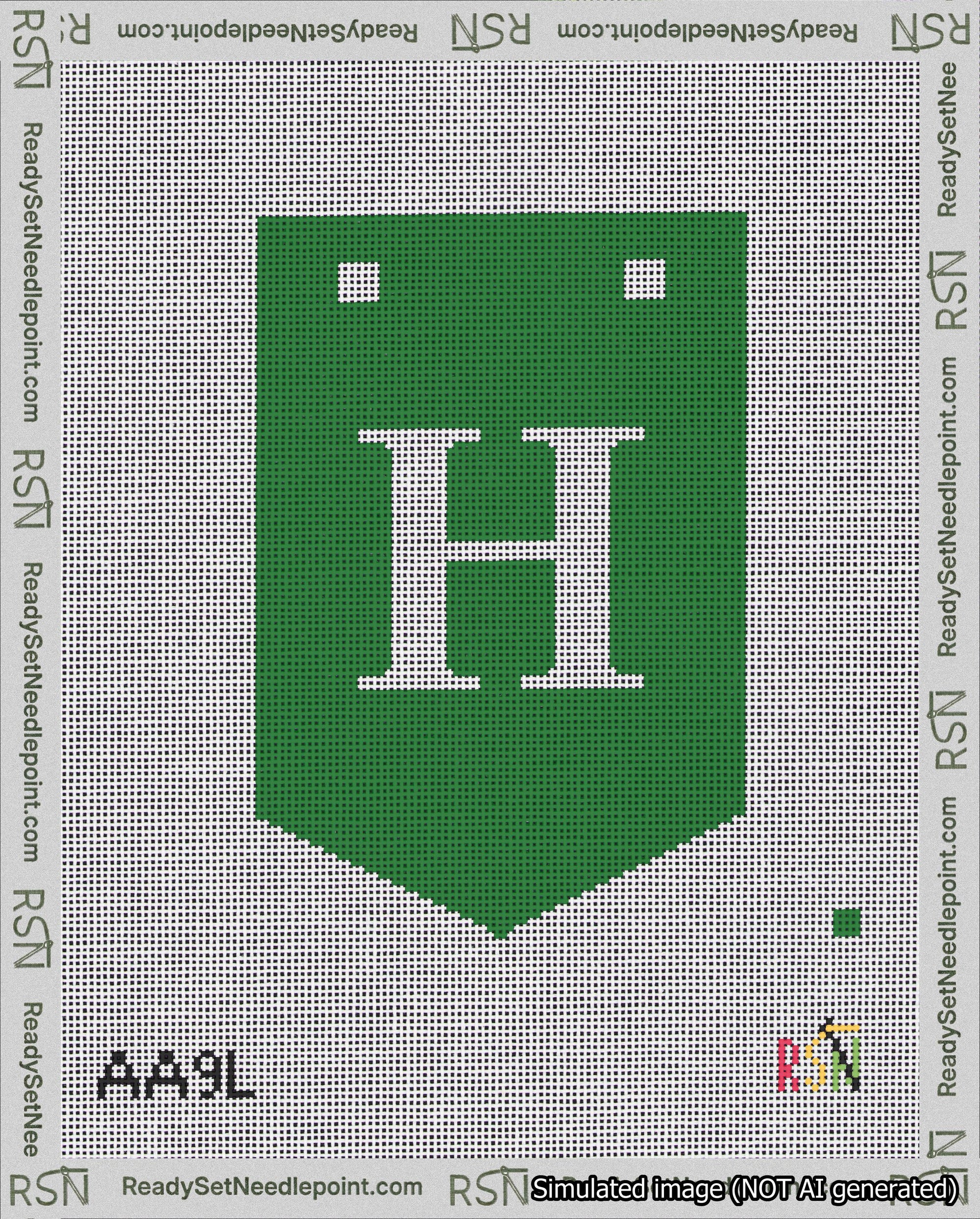 A taped needlepoint canvas with the design: Banner 18 mesh count Pointed H White on Green.