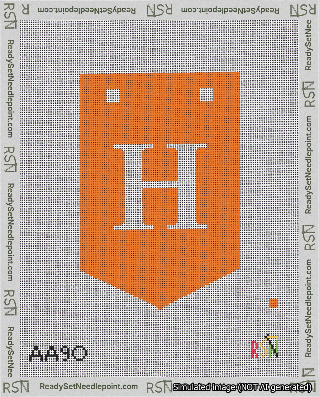 A taped needlepoint canvas with the design: Banner 18 mesh count Pointed H White on Orange.