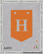 A taped needlepoint canvas with the design: Banner 18 mesh count Pointed H White on Orange.