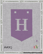 A taped needlepoint canvas with the design: Banner 18 mesh count Pointed H White on Purple.