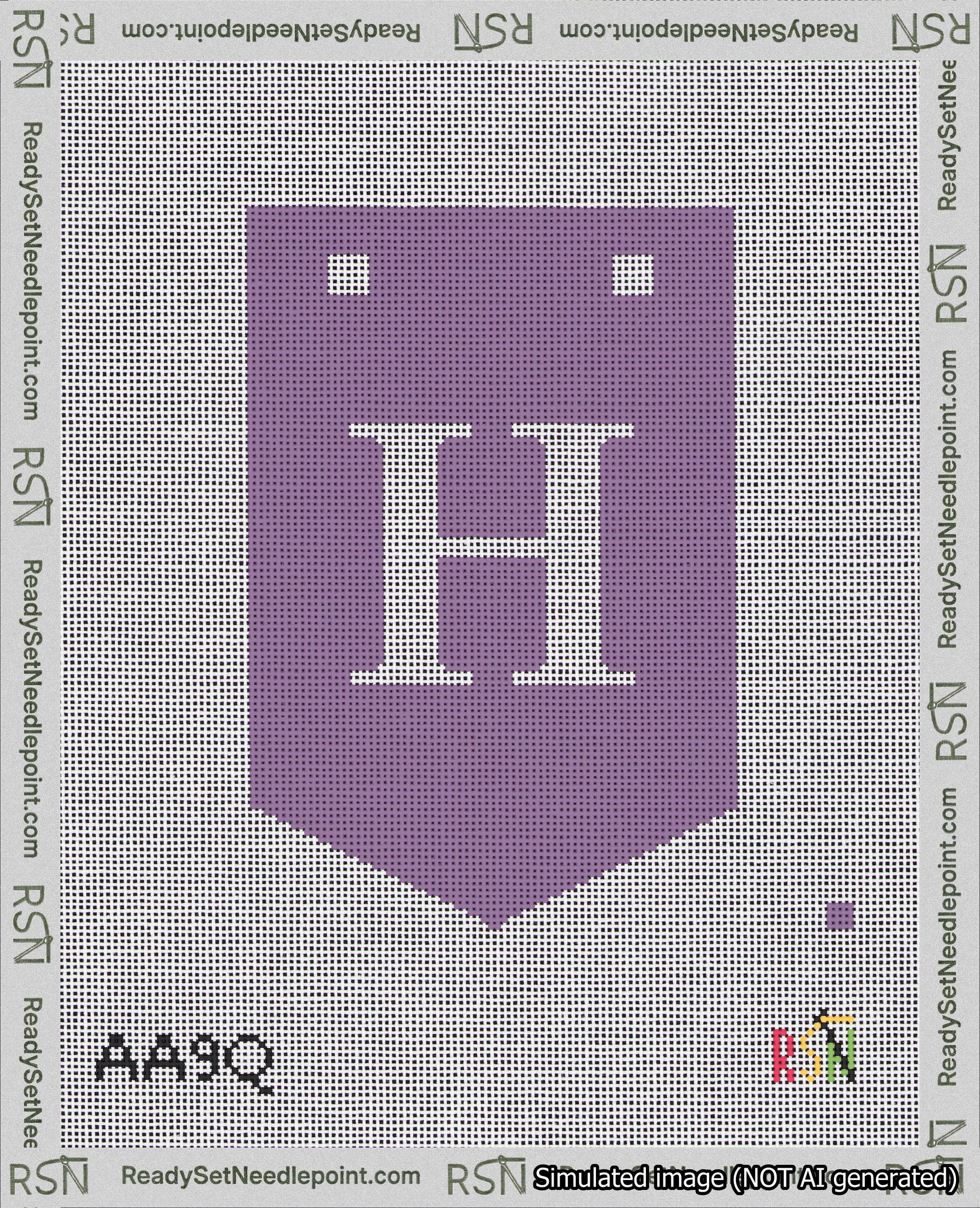 A taped needlepoint canvas with the design: Banner 18 mesh count Pointed H White on Purple.