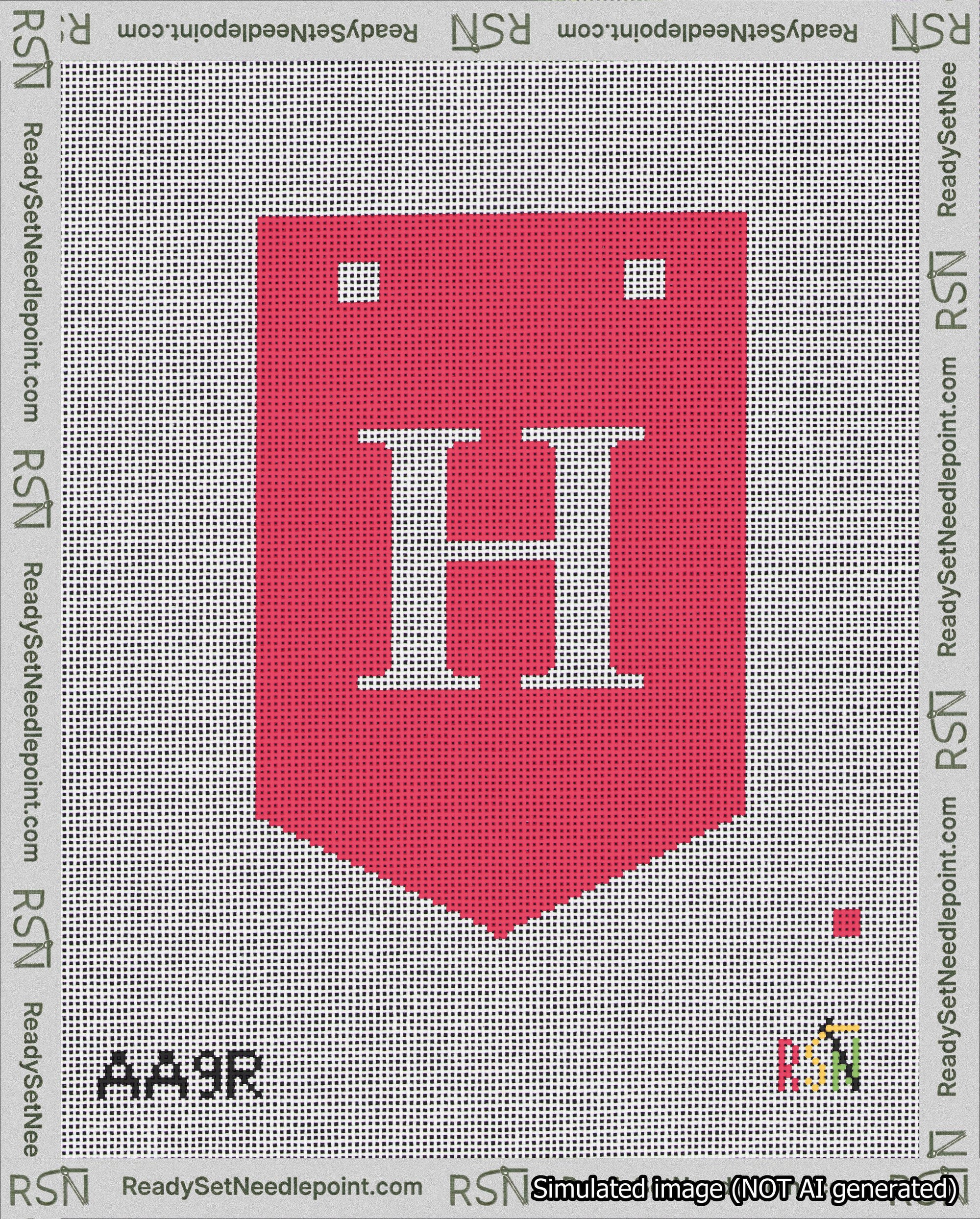 A taped needlepoint canvas with the design: Banner 18 mesh count Pointed H White on Red.