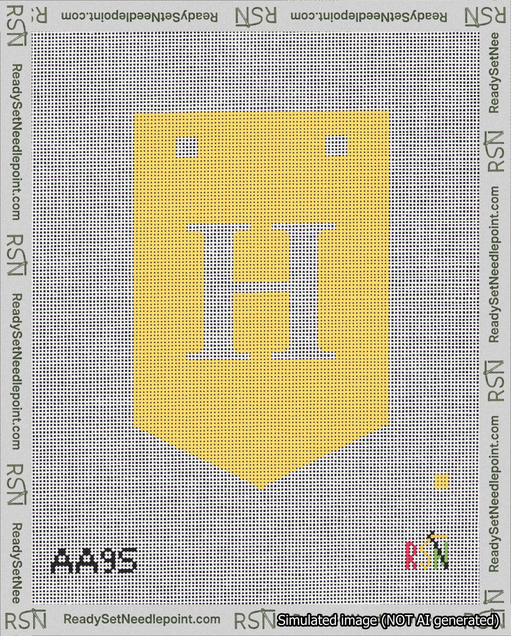 A taped needlepoint canvas with the design: Banner 18 mesh count Pointed H White on Yellow.