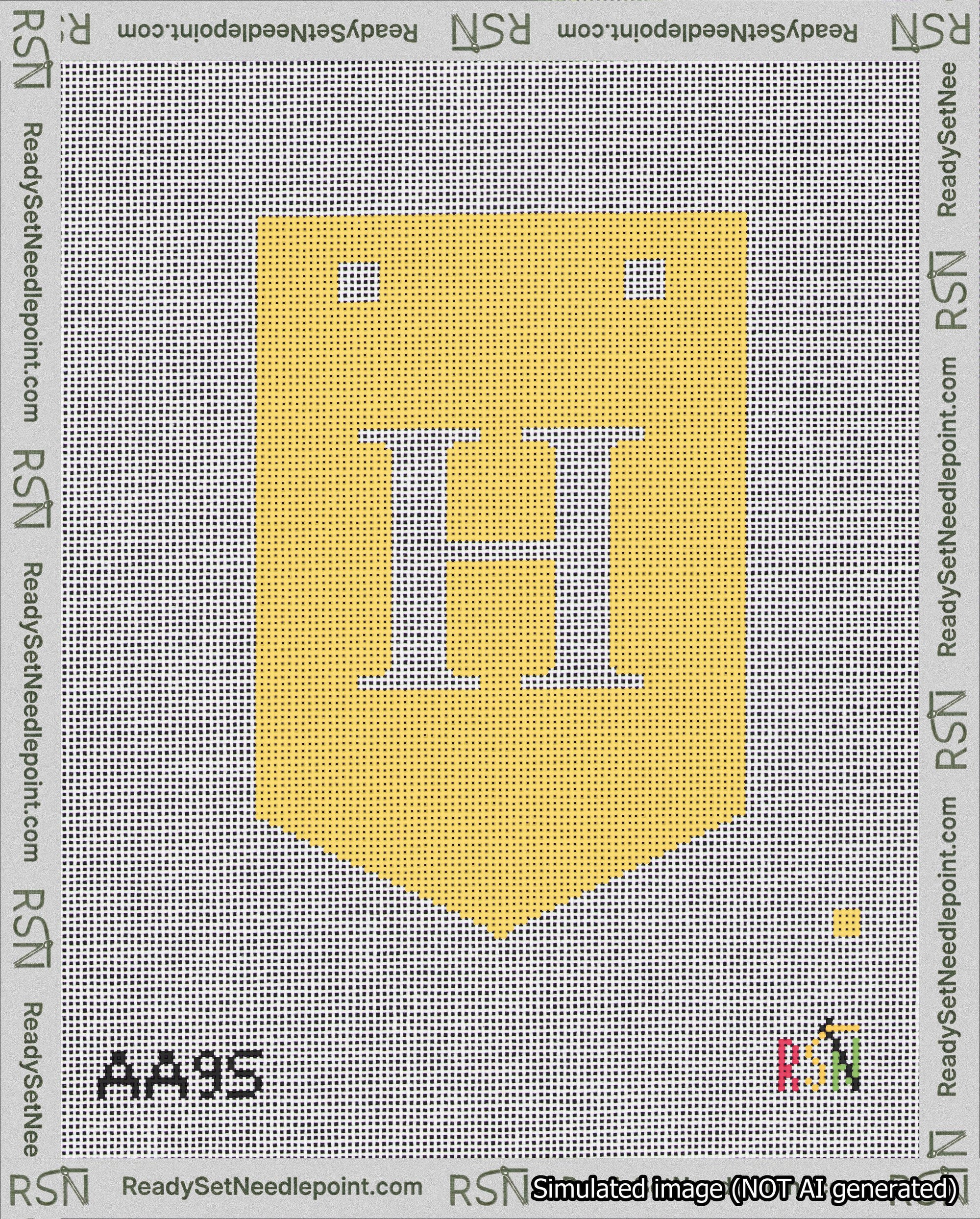 A taped needlepoint canvas with the design: Banner 18 mesh count Pointed H White on Yellow.