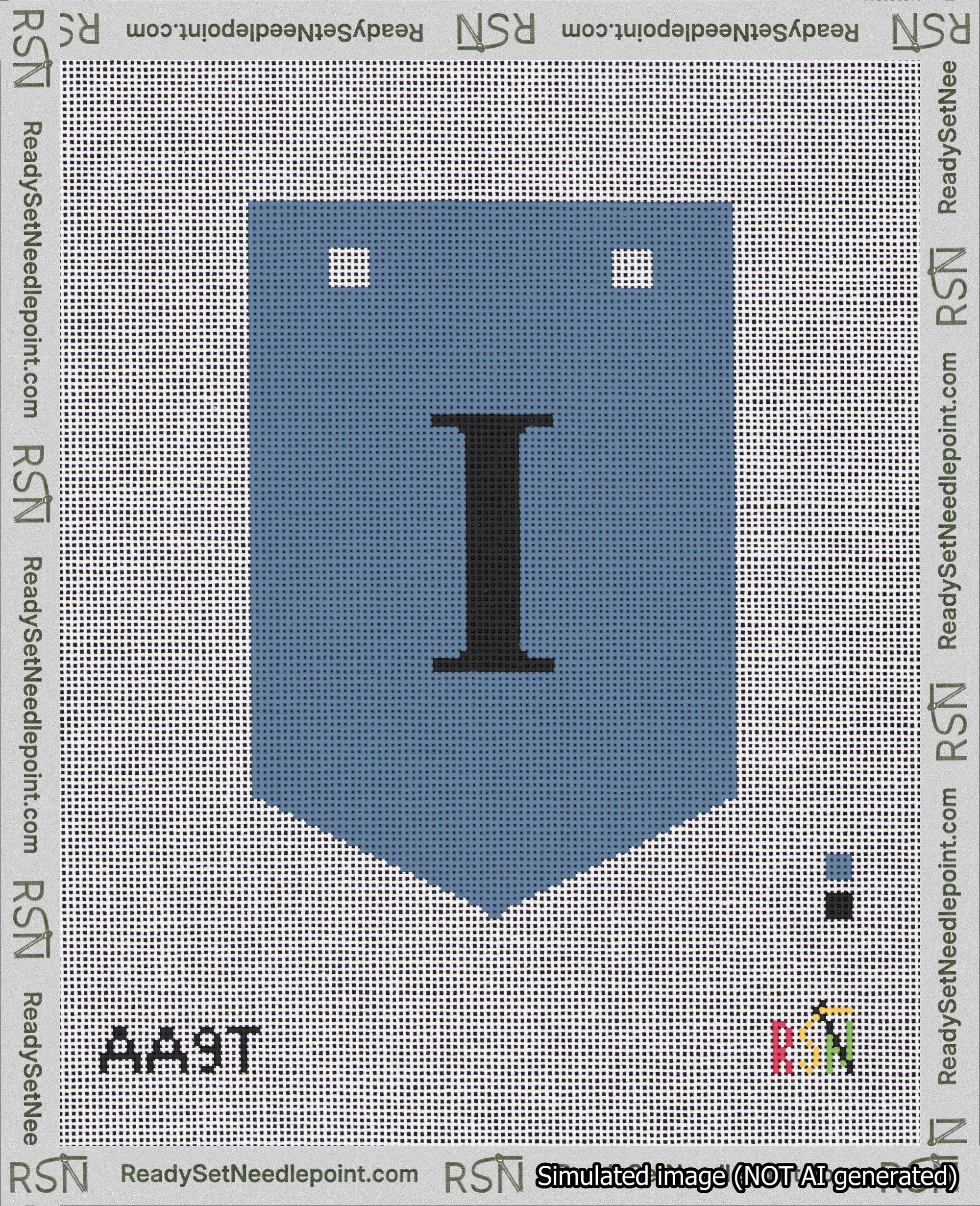 A taped needlepoint canvas with the design: Banner 18 mesh count Pointed I Black on Blue.