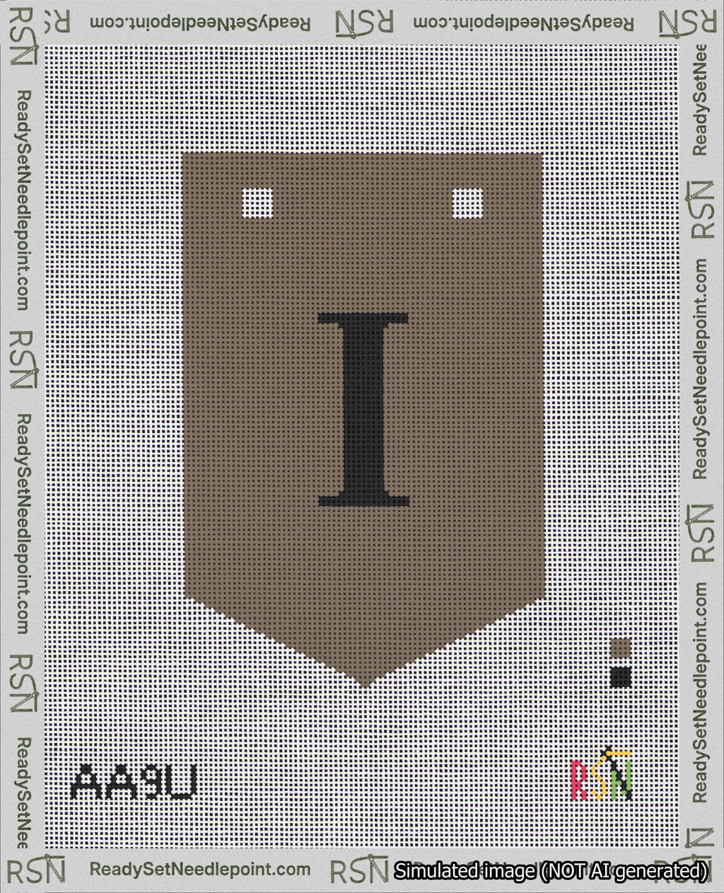 A taped needlepoint canvas with the design: Banner 18 mesh count Pointed I Black on Brown.