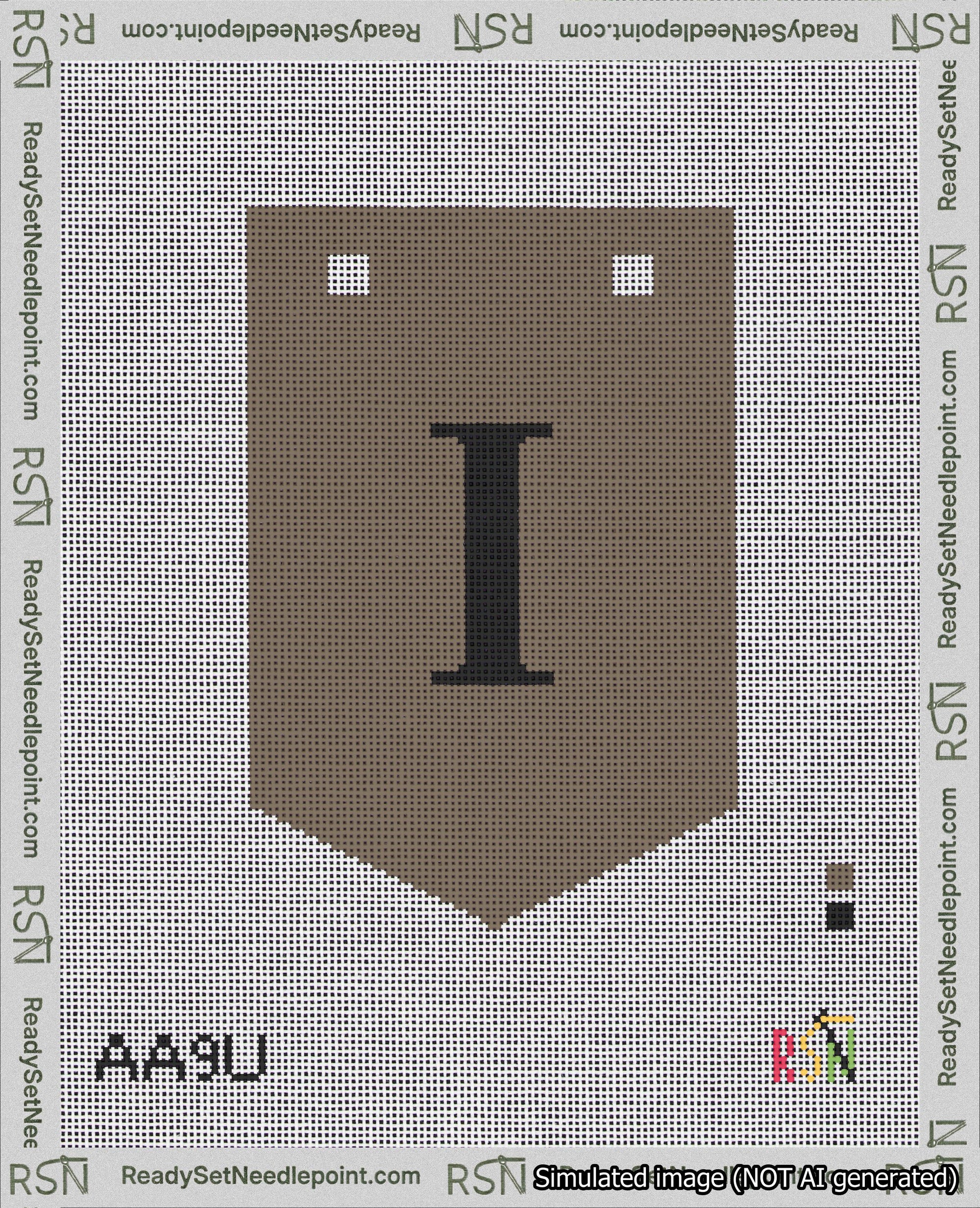A taped needlepoint canvas with the design: Banner 18 mesh count Pointed I Black on Brown.