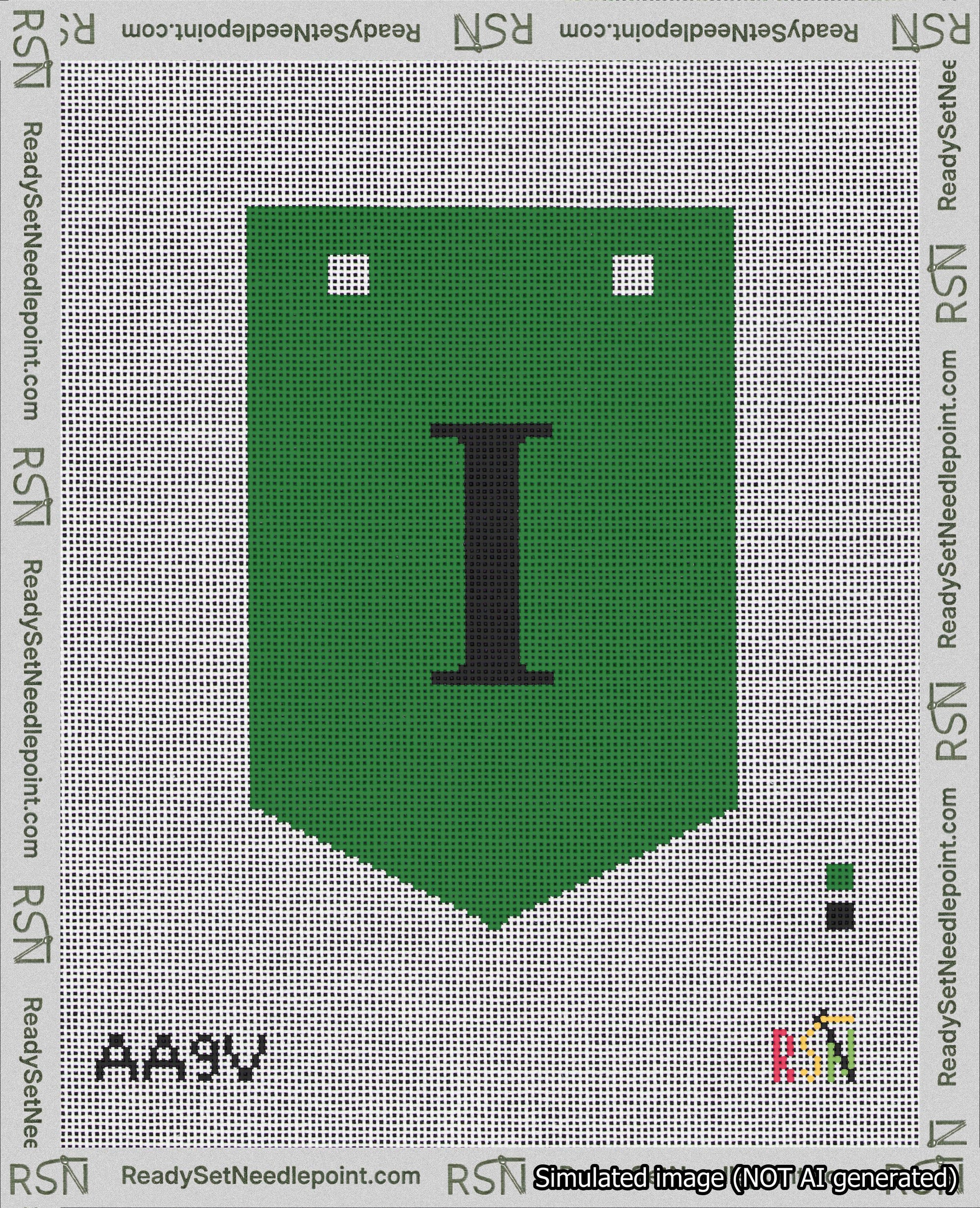 A taped needlepoint canvas with the design: Banner 18 mesh count Pointed I Black on Green.