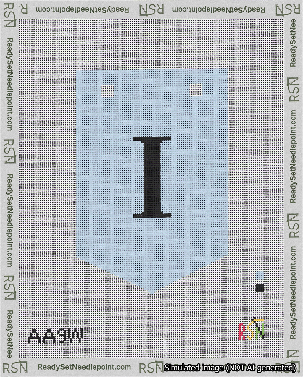 A taped needlepoint canvas with the design: Banner 18 mesh count Pointed I Black on Light Blue.