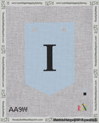 A taped needlepoint canvas with the design: Banner 18 mesh count Pointed I Black on Light Blue.