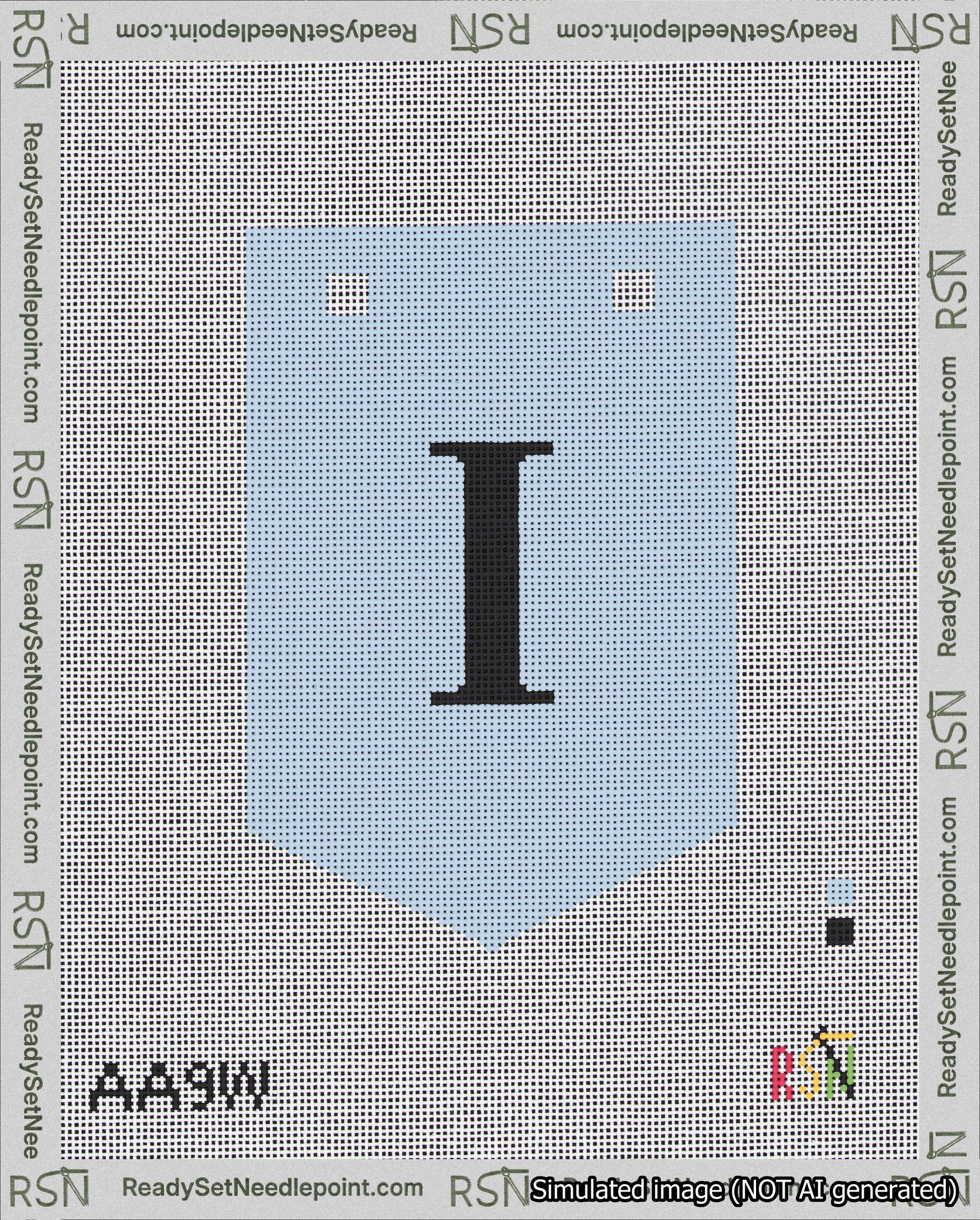 A taped needlepoint canvas with the design: Banner 18 mesh count Pointed I Black on Light Blue.