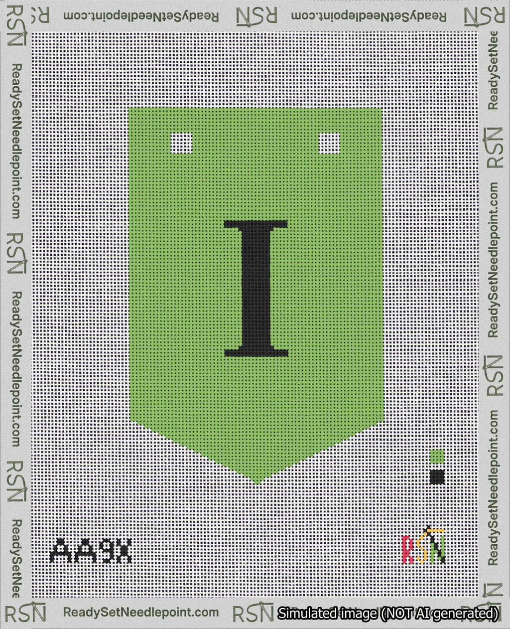 A taped needlepoint canvas with the design: Banner 18 mesh count Pointed I Black on Light Green.