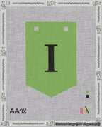 A taped needlepoint canvas with the design: Banner 18 mesh count Pointed I Black on Light Green.